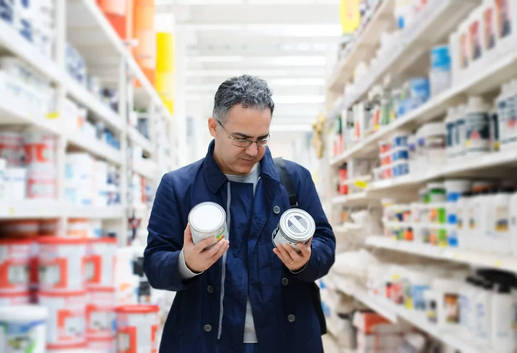 A man is choosing paint in a paint store while holding 2 cans in his hands.