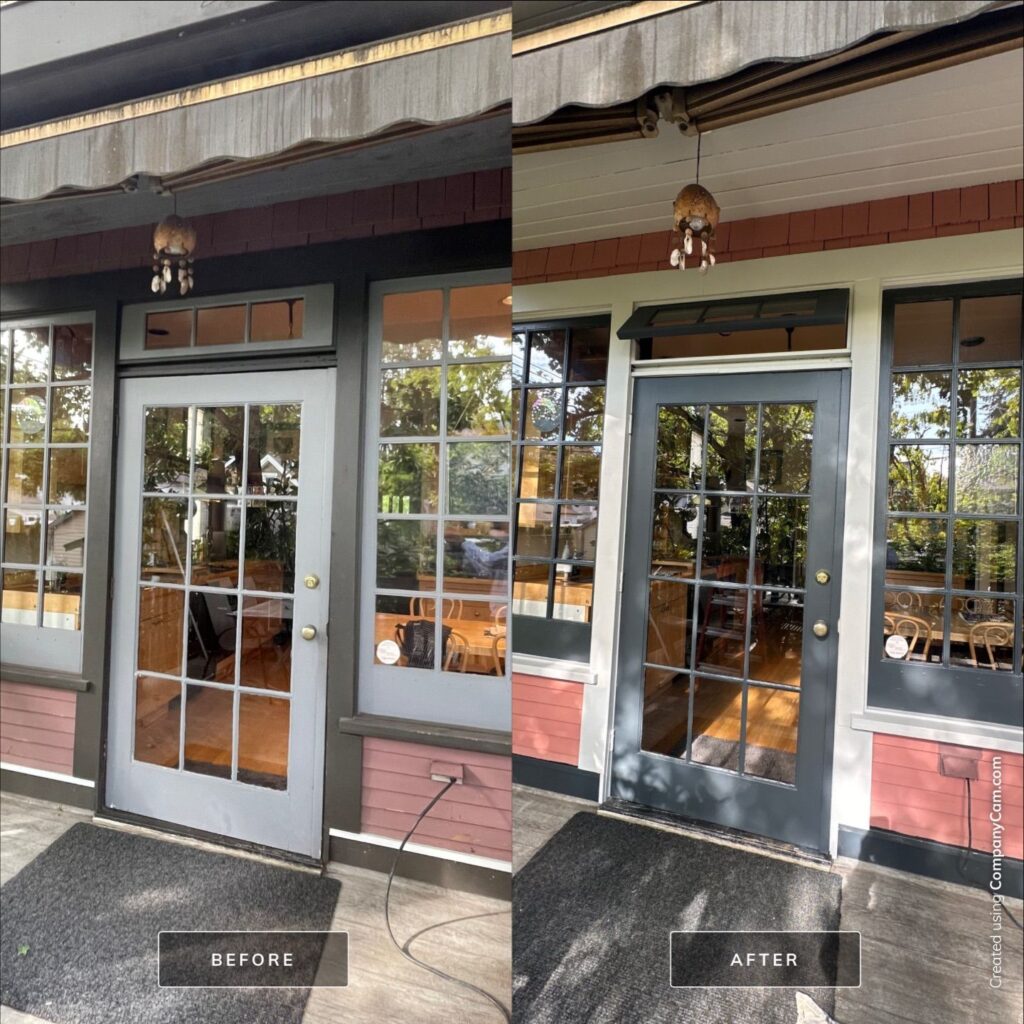 A patio door and windows before and after painting.