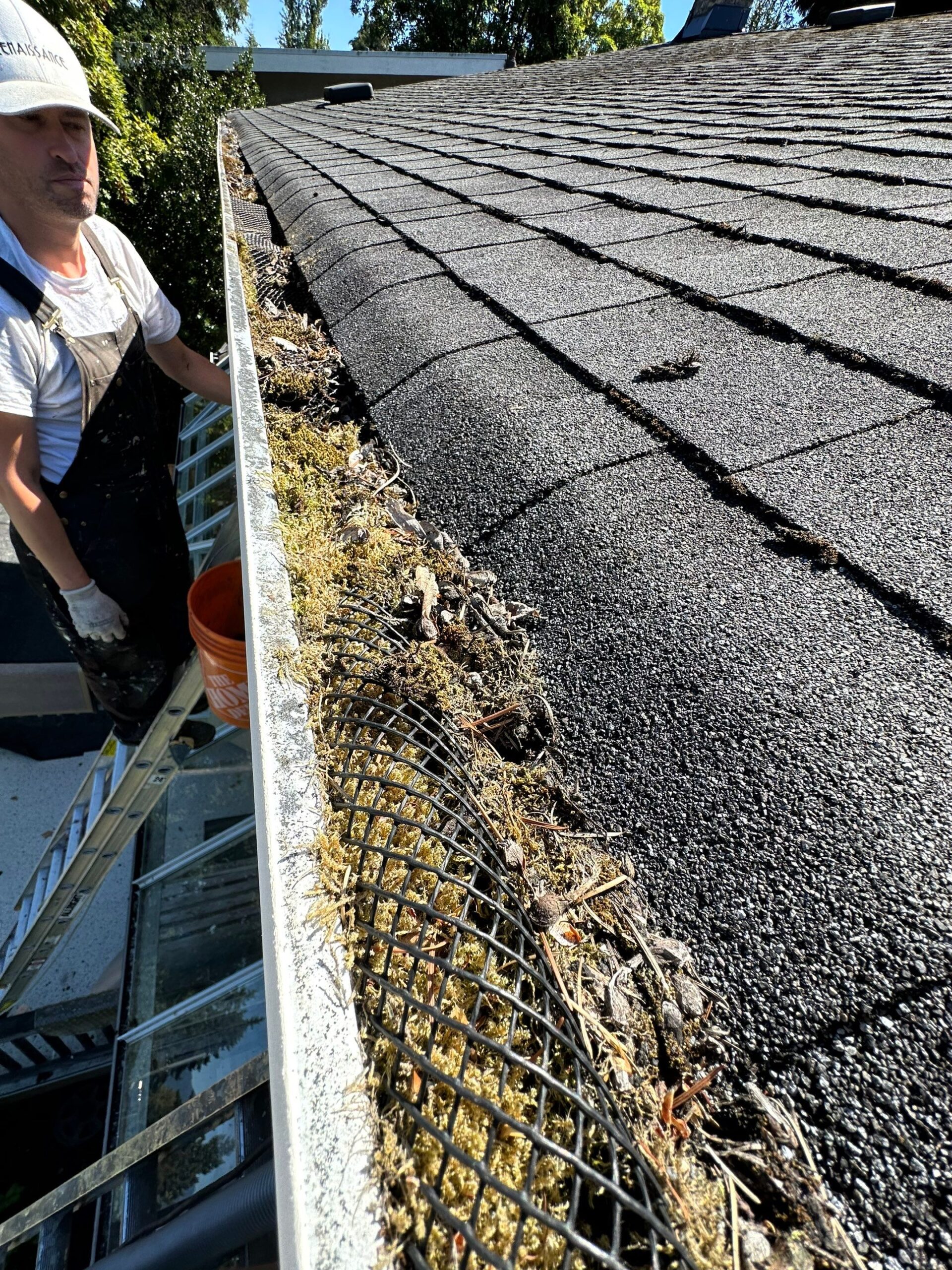 - Renaissance Painting Gutter being cleaned on a Vancouver home, showing debris removal and maintenance needed for improved curb appeal.
