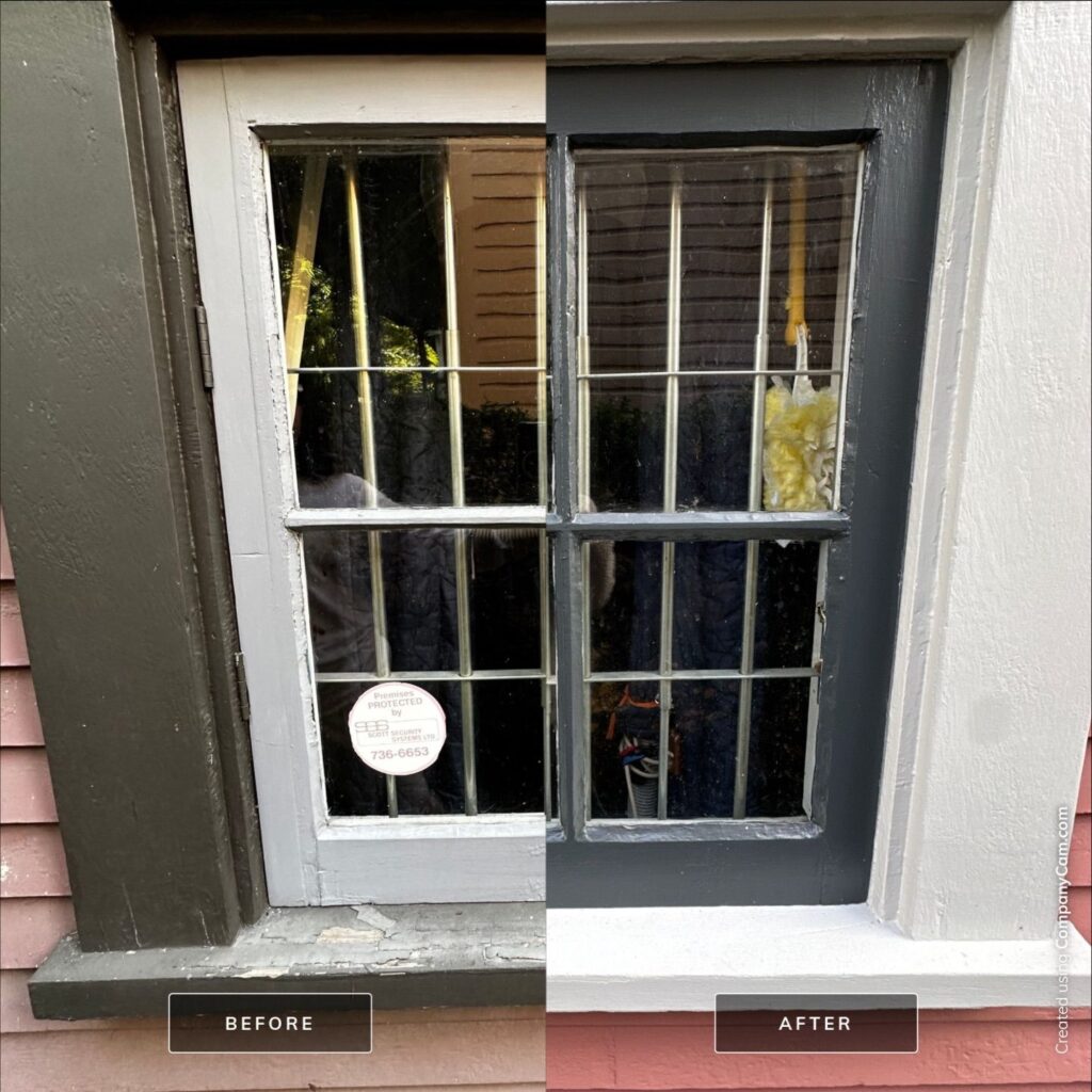 A painted window before and after.