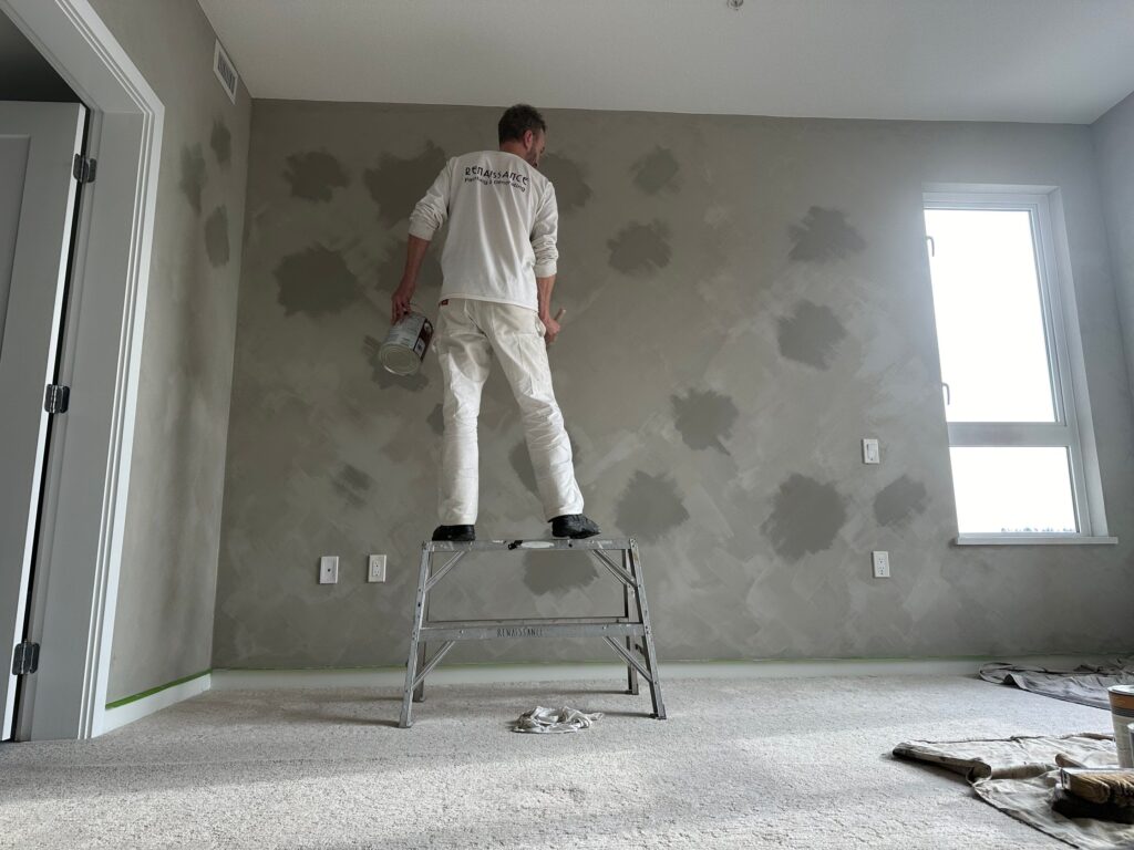 Painter is painting a drywall in a grey colour on a step ladder.
