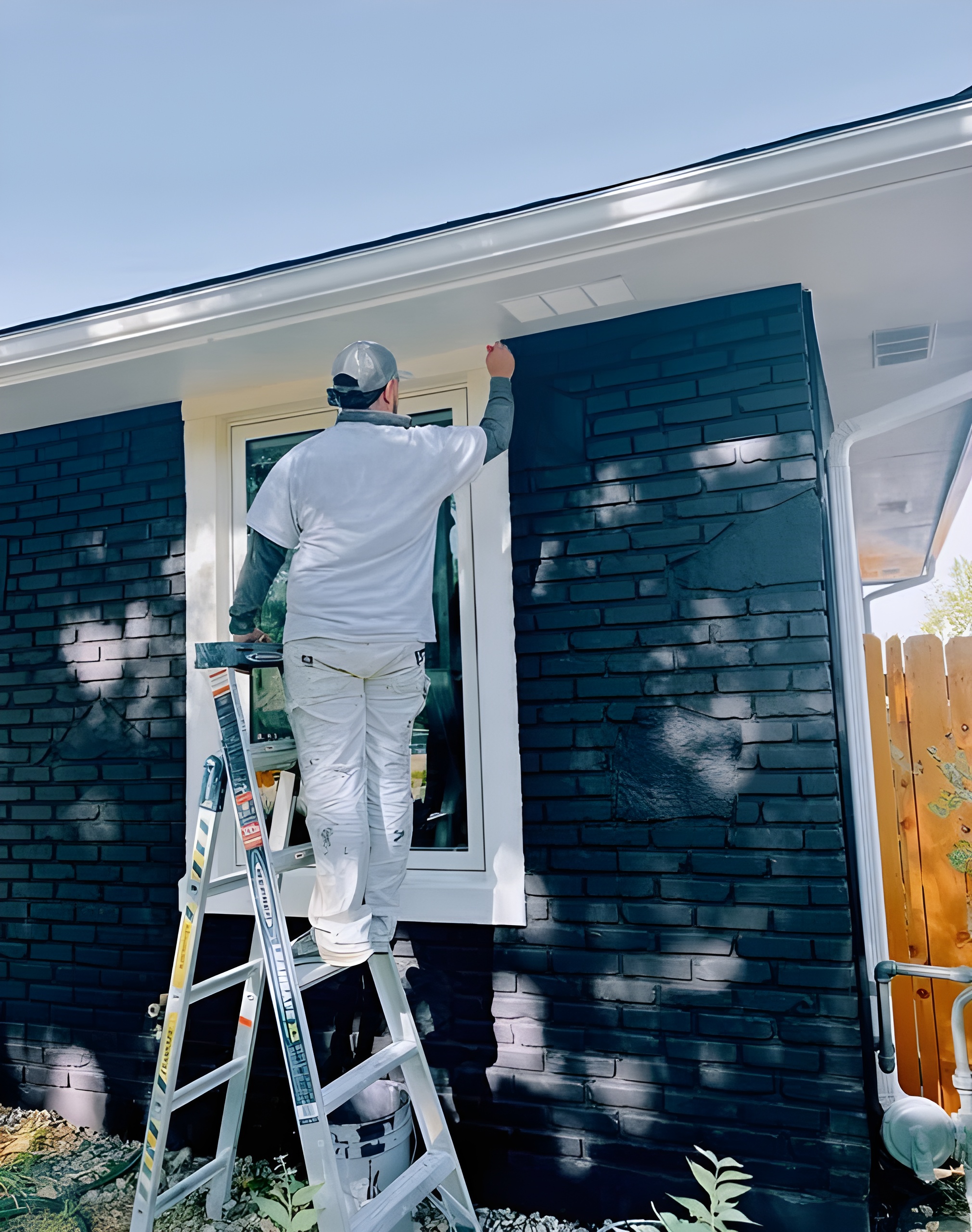 Painter is painting a wall in a blue colour.