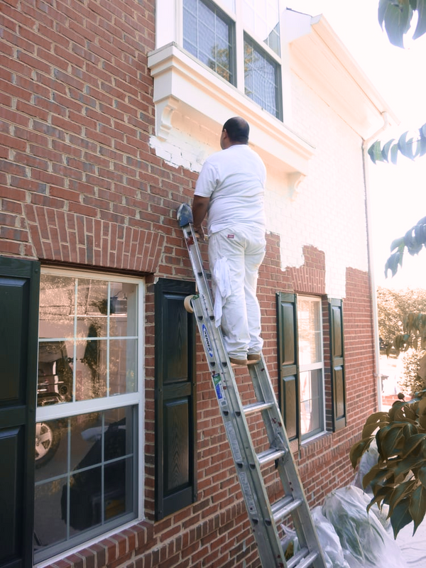 A painter is painting a brick wall in a white colour while standing on a ladder.