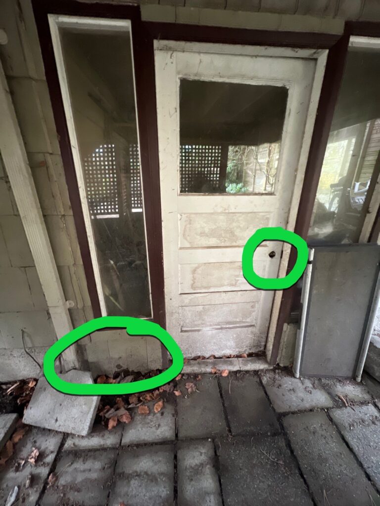 A worn out exterior front door with marked issues.