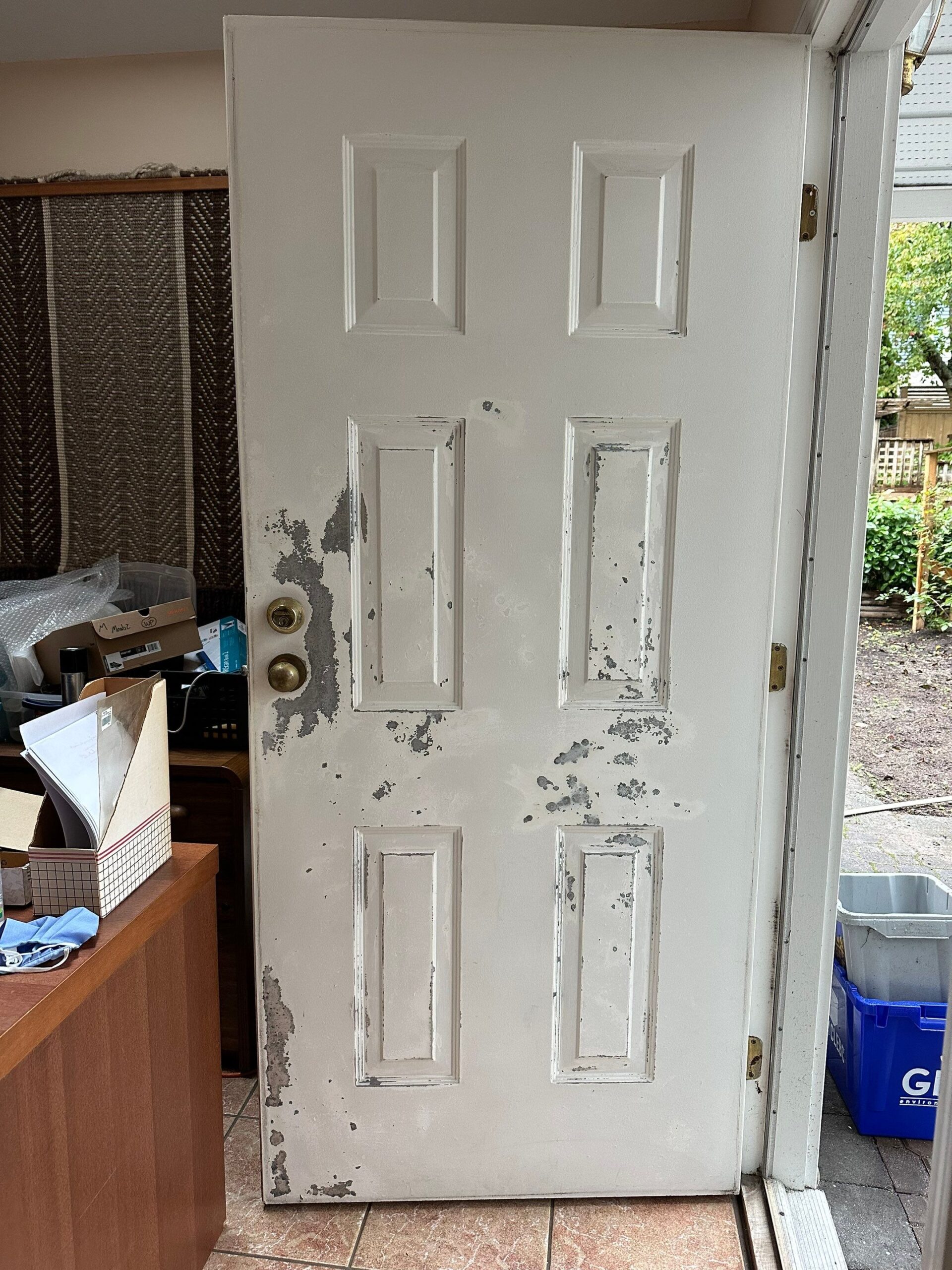 A white door with a pealed paint. 