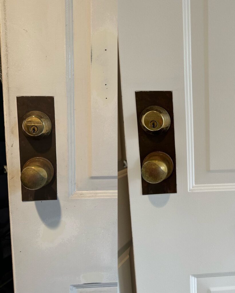 reinstalled knob before and after painting a white door.