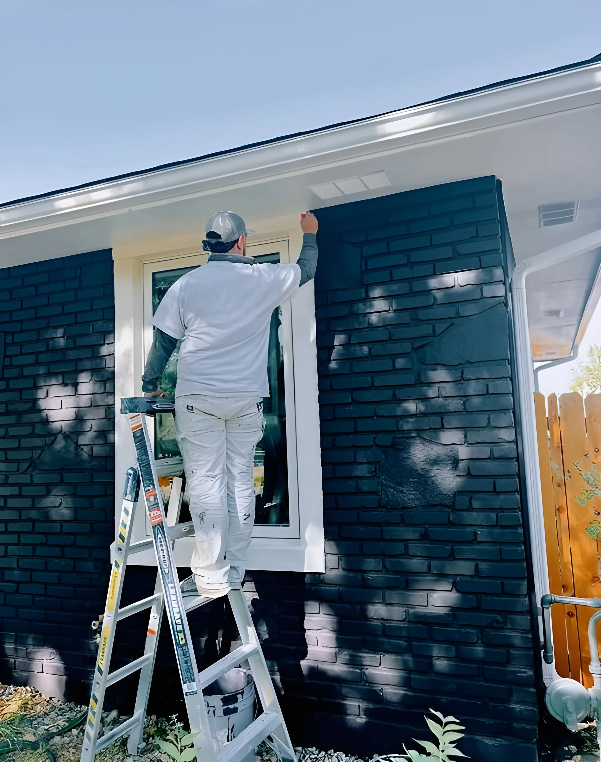 Painter is painting a wall in a blue colour.