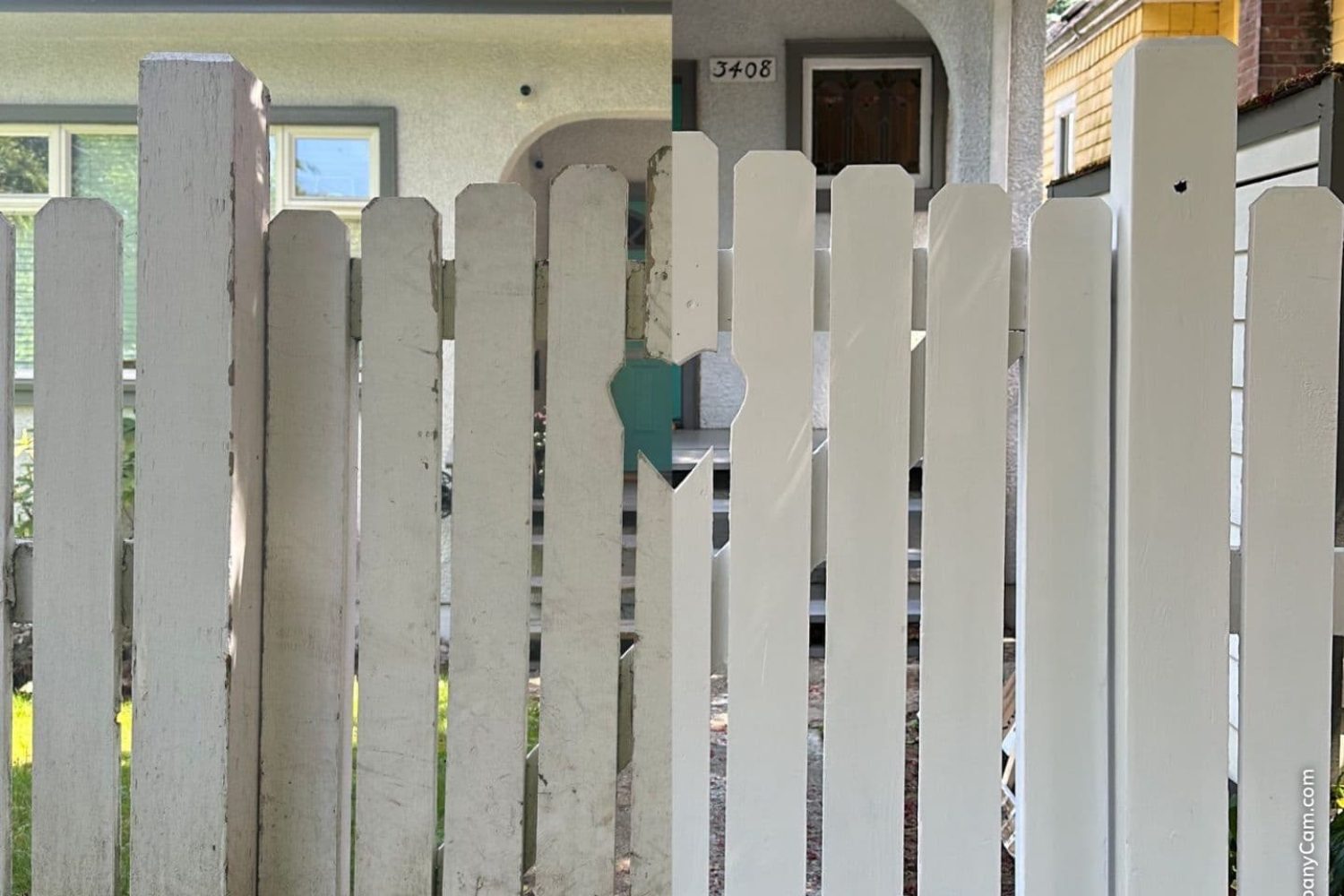 White picket fence with green sign, repaired posts and repainted panels