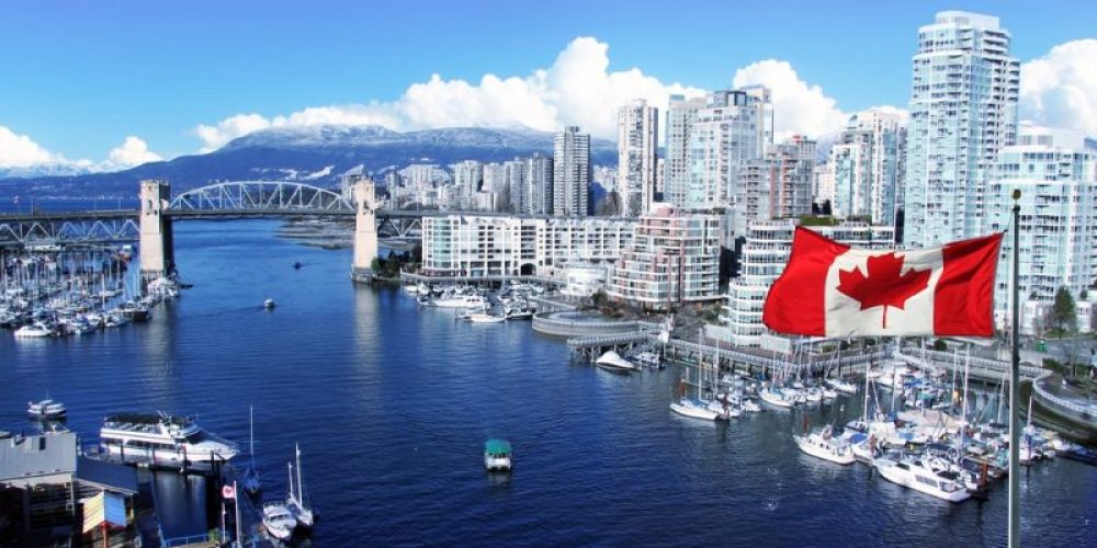 A Vancouver downtown view with the Canadian flag.